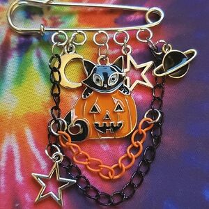 Handmade Black Orange Halloween Black Cat Pumpkin Charm Safety Pin Brooch